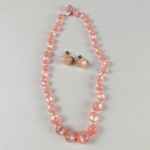 Vintage Light Pink Moonglow Necklace + Earring Set - Picture 1 of 5